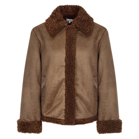 Reformation Talli Shearling Faux Suede Fur Collar Jacket Coat Chocolate Brown - Picture 12 of 12